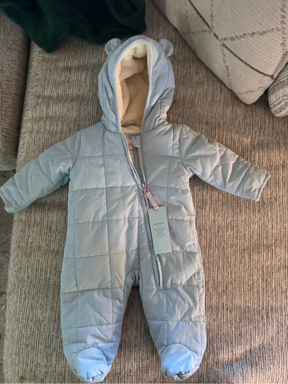 Cat & Jack Light Blue Quilted Baby Footed One-Piece Snowsuit with Hood
